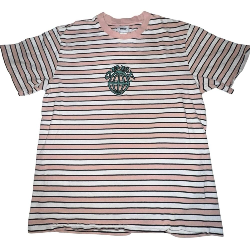 Obey World Logo striped embroidered Y2K T-shirt size large